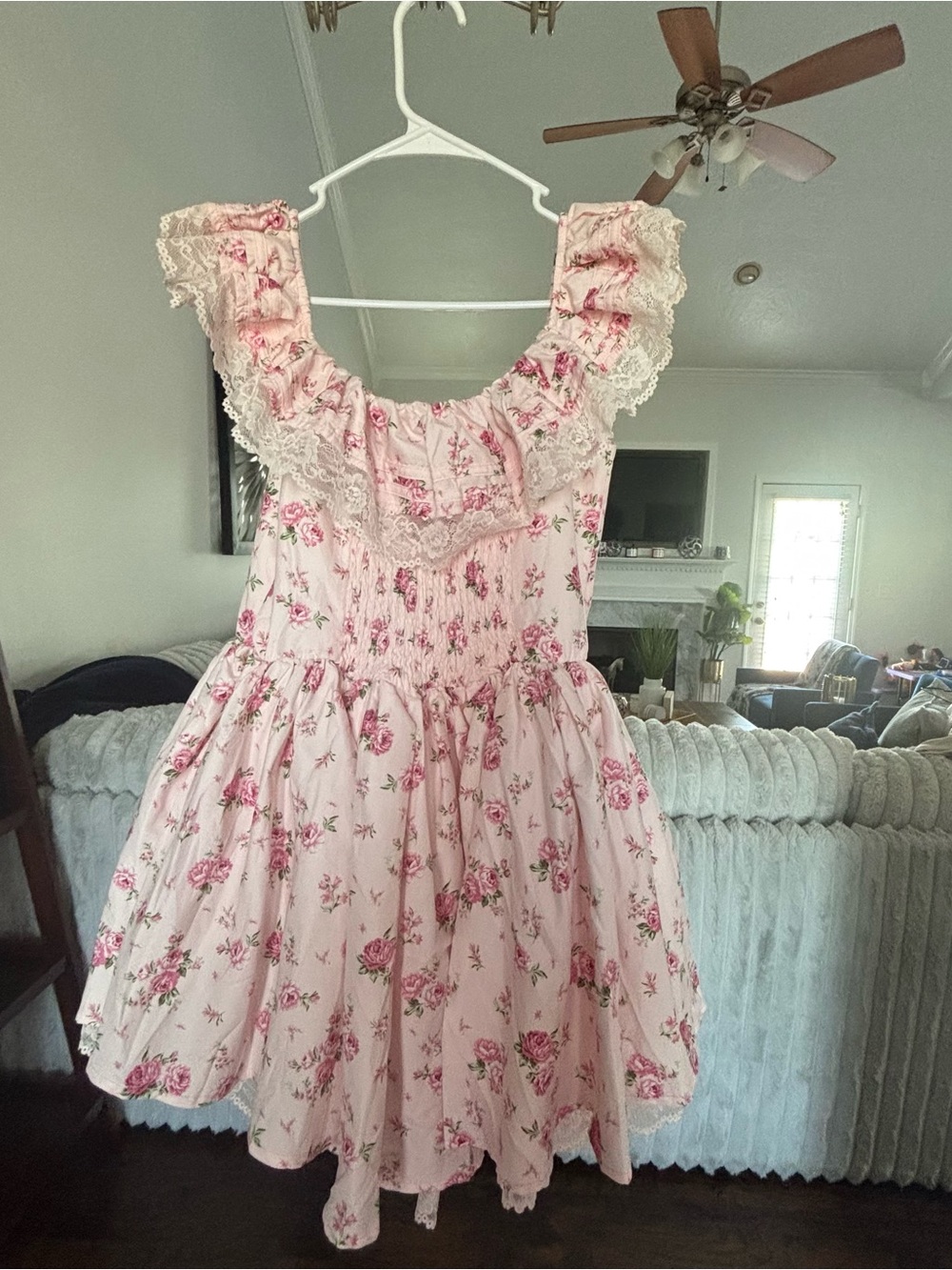 Pink Floral Lace Ruffle women's Dress